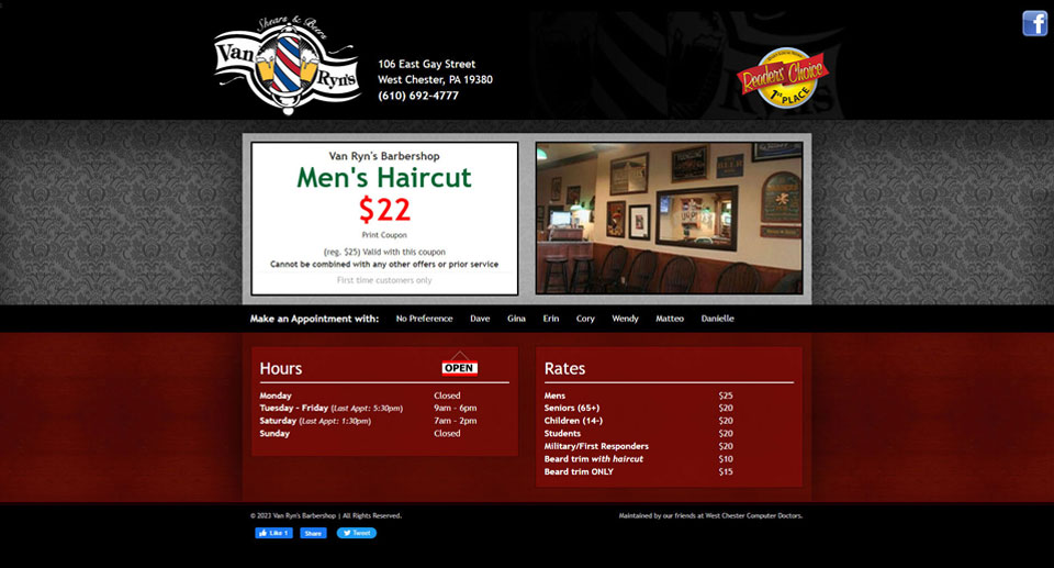 VanRyn's Barber Shop home page screenshot